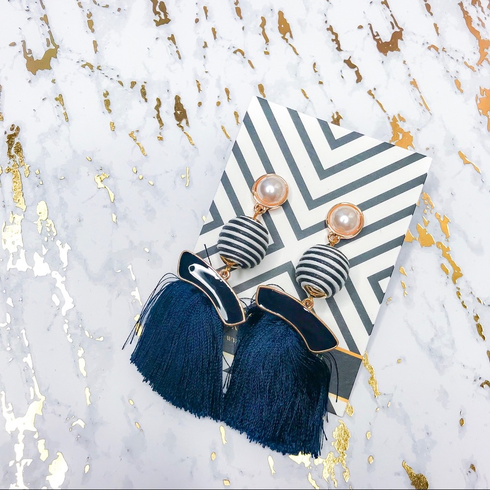 Navy Nautical Pearl Striped Fringe Earrings - Picture 1 of 3